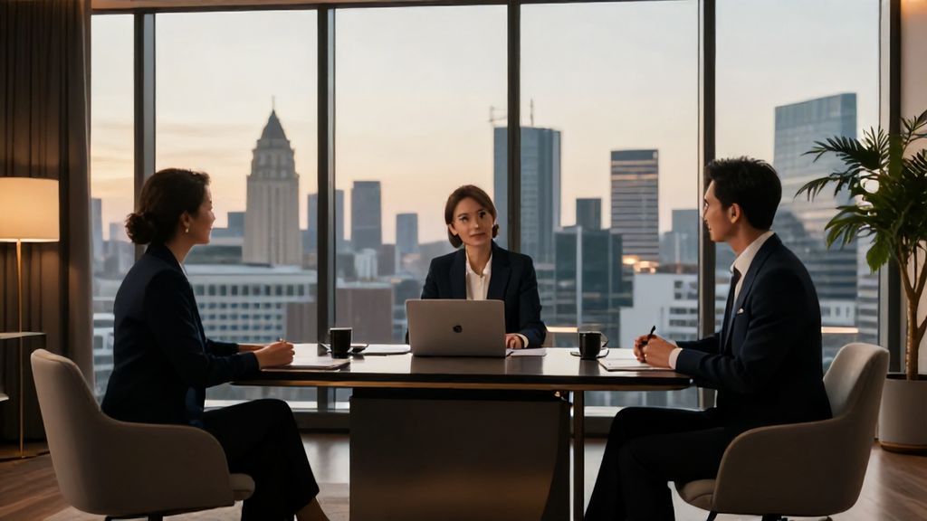 Ein professioneller Finanzmentor in einem warmen Büro berät einen Kunden